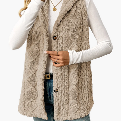 Women’s Long Knitted Waistcoat – Hooded with Button Front