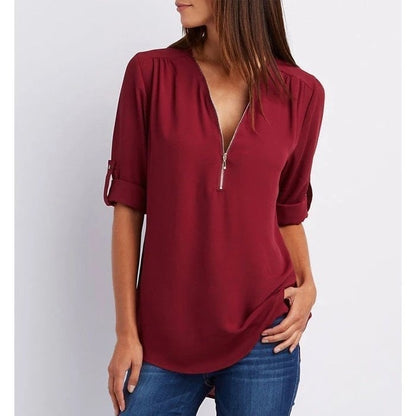 Women’s Blouse – Zip-Neck Flowing Blouse with Roll-Up Sleeves