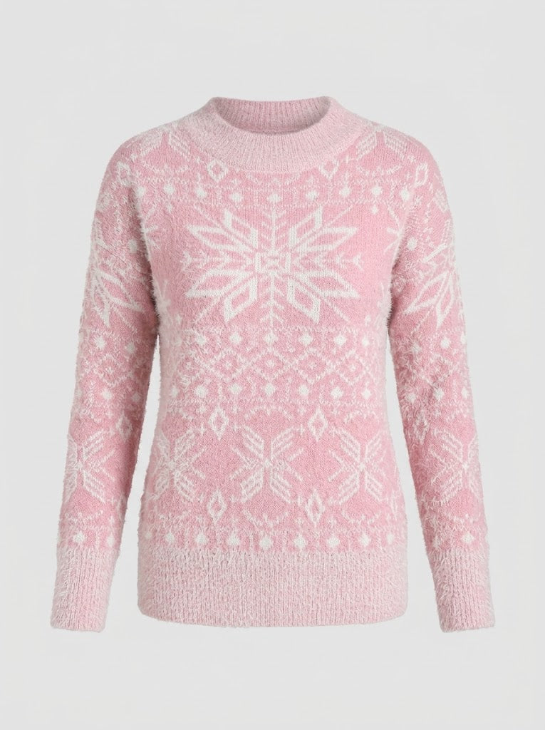 Women’s Nordic Snowflake Knit Sweater – Festive Crew-Neck Pullover for Winter Days