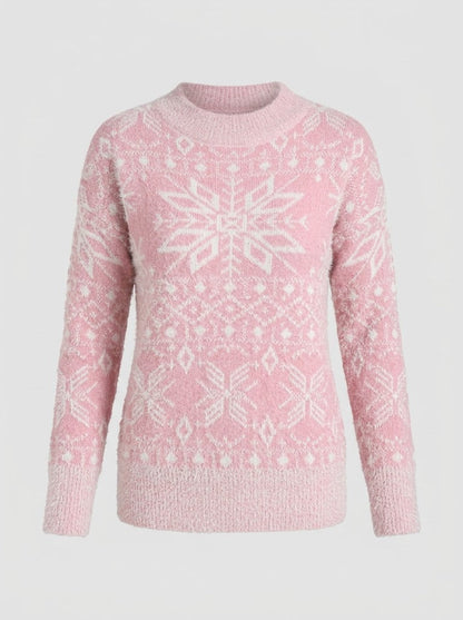 Women’s Nordic Snowflake Knit Sweater – Festive Crew-Neck Pullover for Winter Days