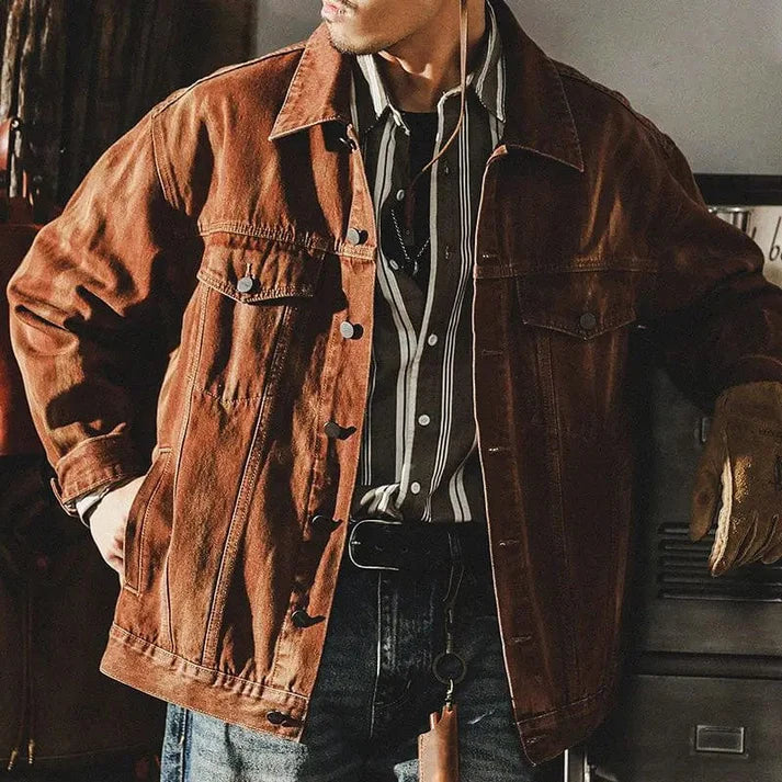 Men’s Vintage Washed Denim Jacket – Relaxed Trucker Layer with Flap Chest Pockets and Distressed Finish