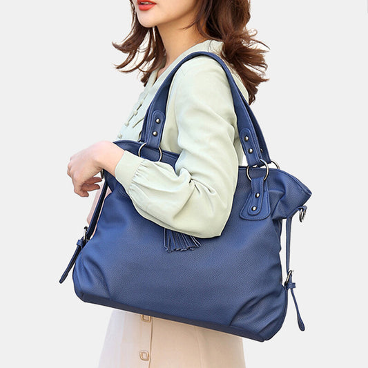 Women’s Tassel-Detail PU-Leather Tote Bag – Spacious Shoulder Handbag with Crossbody Carrying Option