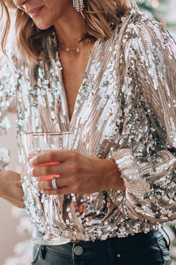 Women’s Sequin Blouse – V-Neck Party Blouse with Balloon Sleeves
