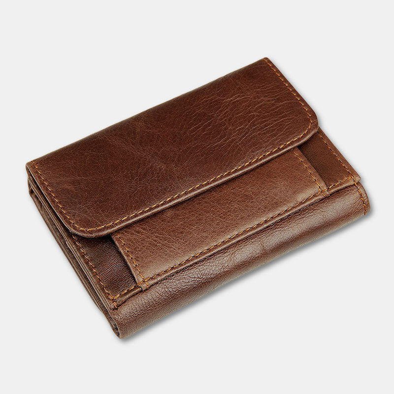 Men’s Genuine Leather RFID Trifold Wallet – Vintage Compact Card Holder with Secure Fold Closure