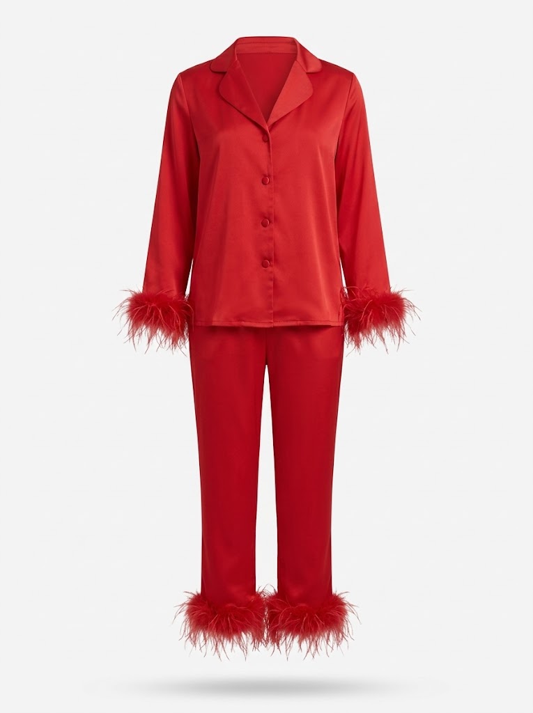 Women’s Feather-Trim Trouser Co-Ord Set – Cropped Tie-Front Top with Straight-Leg Trousers for Evening Wear