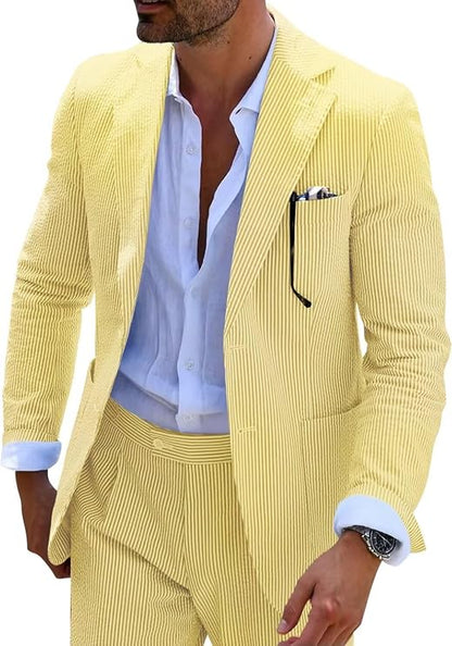 Men’s Seersucker Suit Set – Lightweight Slim Tailoring for Summer Weddings and Formal Events