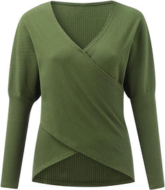 Women’s Wrap Front V-Neck Sweater – Relaxed Long-Sleeve Knit for Smart Casual Wear