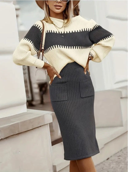 Women’s Rib-Knit Midi Skirt Co-Ord – Relaxed Long-Sleeve Pullover with Fitted High-Waist Skirt