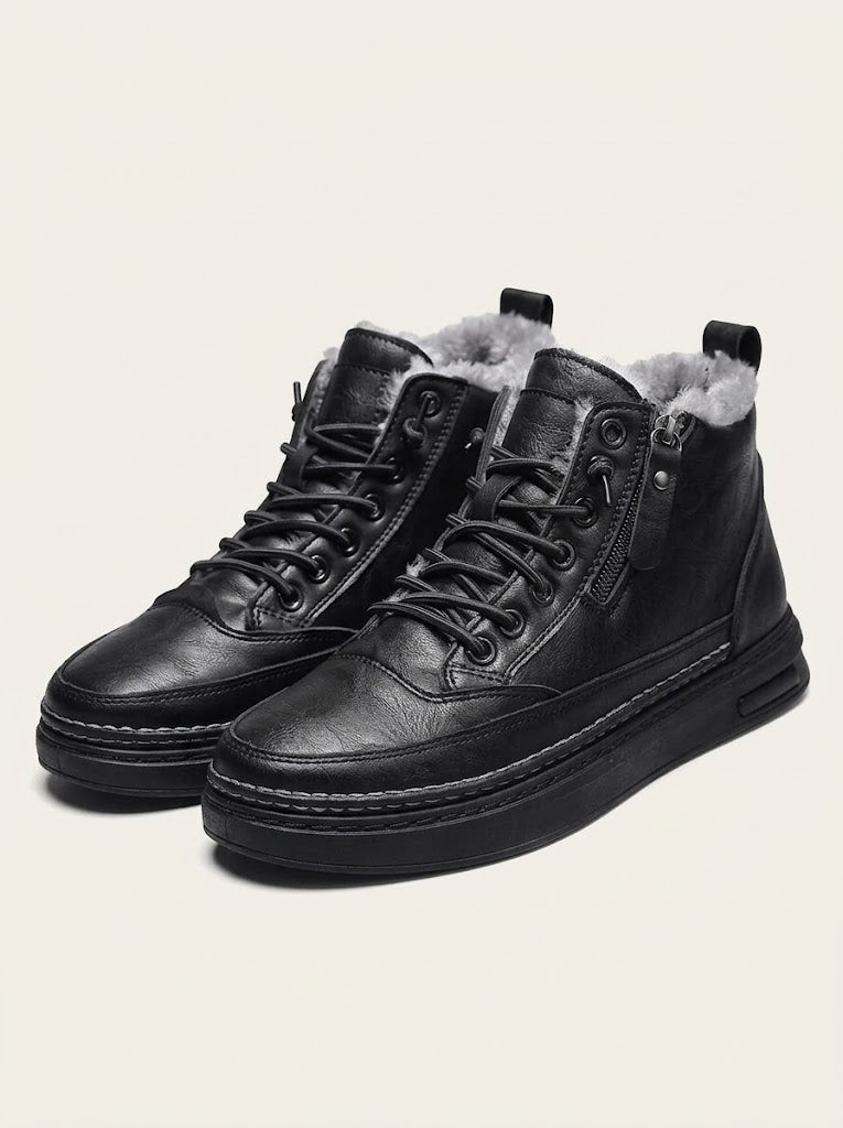 Men’s Fur-Lined Leather Ankle Boots – Lace-Up Platform Winter Boots for Everyday Wear