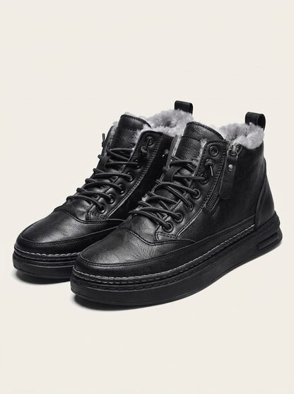 Men’s Fur-Lined Leather Ankle Boots – Lace-Up Platform Winter Boots for Everyday Wear