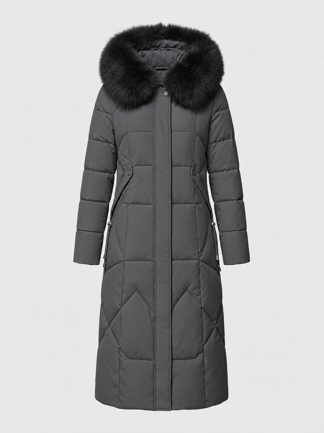 Women’s Faux-Fur Collar Puffer Coat – Shaped Longline Quilted Winter Jacket with High-Neck Protection