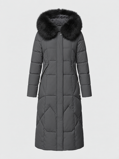 Women’s Faux-Fur Collar Puffer Coat – Shaped Longline Quilted Winter Jacket with High-Neck Protection