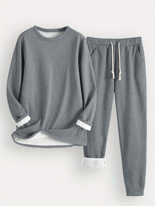 Women’s Fleece-Lined Sweatshirt and Jogger Set – Cosy Two-Piece Winter Lounge Outfit