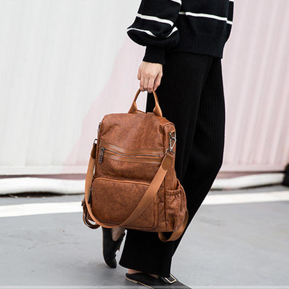 Women’s Vintage PU-Leather Convertible Backpack – Multi-Zip Shoulder Bag with Adjustable Carrying Straps