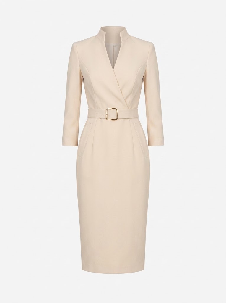 Women’s Belted Sheath Midi Dress – Tailored V-Neck Style for Office and Events