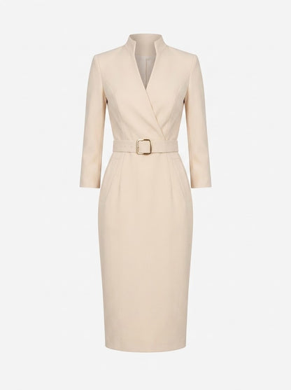 Women’s Belted Sheath Midi Dress – Tailored V-Neck Style for Office and Events