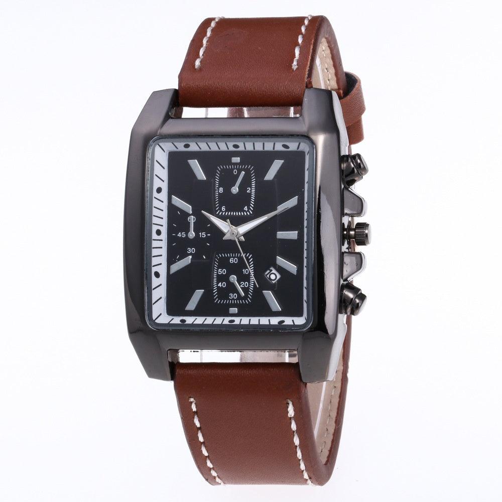 Men’s Rectangular Leather-Strap Watch – Refined Date Display Timepiece for Smart Everyday Wear