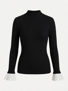 Women’s Fitted Mock Neck Top – Structured Shoulder Long-Sleeve Smart Casual Style