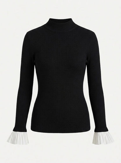 Women’s Fitted Mock Neck Top – Structured Shoulder Long-Sleeve Smart Casual Style