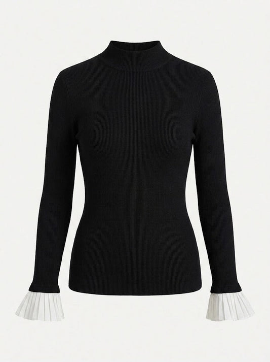 Women’s Fitted Mock Neck Top – Structured Shoulder Long-Sleeve Smart Casual Style