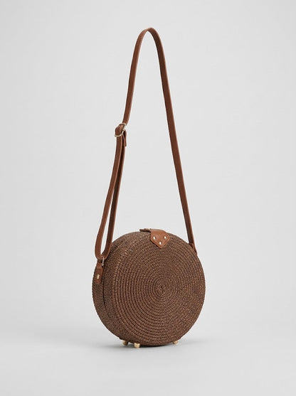 Women’s Woven Straw Crossbody Bag – Round Summer Shoulder Purse with Adjustable Long Strap