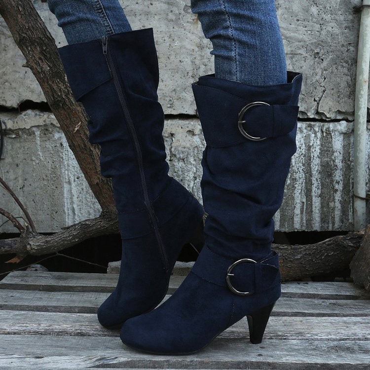 Women's Suede-Look Platform Buckle Knee-High Boots