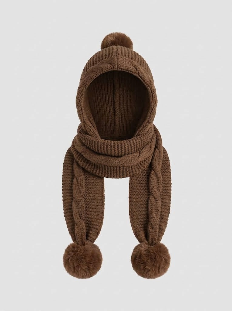 Women’s Knitted Hooded Scarf – Chunky Winter Wrap with Oversized Pom-Pom Ties