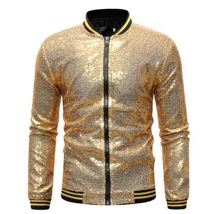 Men’s Sequin Bomber Jacket – Full-Zip Party Jacket with Ribbed Striped Trims for Statement Evening Wear