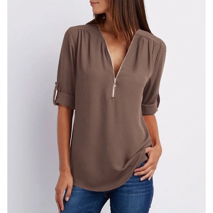 Women’s Blouse – Zip-Neck Flowing Blouse with Roll-Up Sleeves