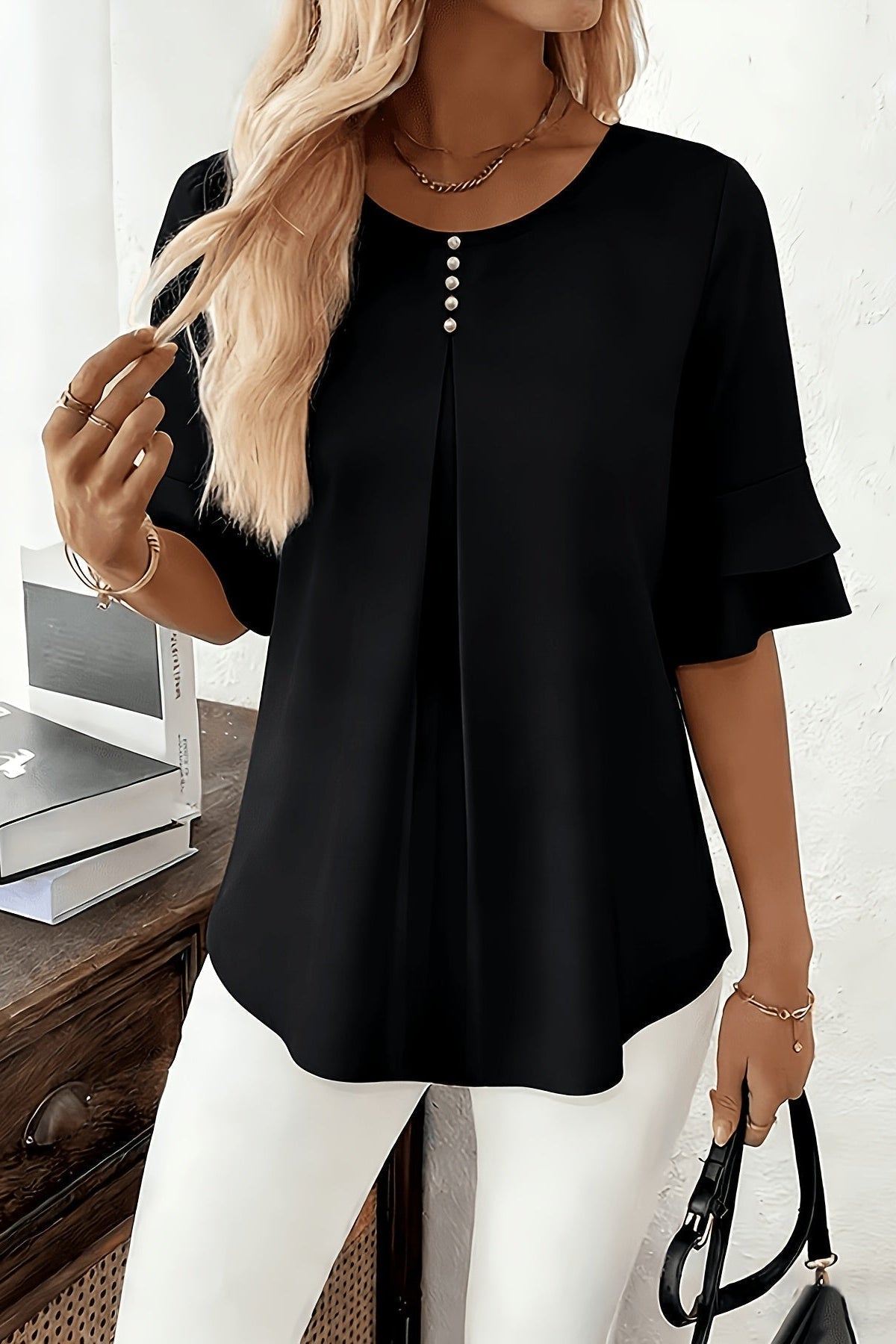 Women’s Ruffle Blouse – Flared Sleeves with Full Button Placket