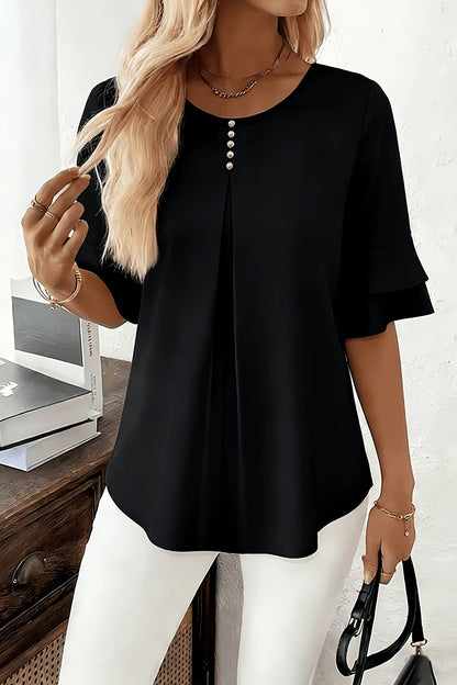 Women’s Ruffle Blouse – Flared Sleeves with Full Button Placket