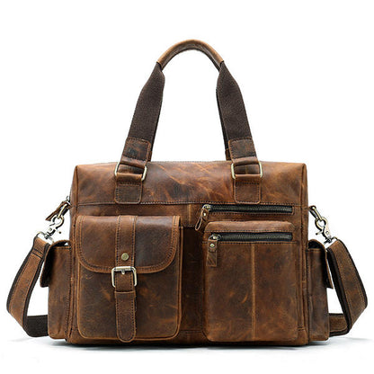 Men’s Vintage Leather Briefcase – Multi-Pocket Business Handbag with Detachable Shoulder Strap