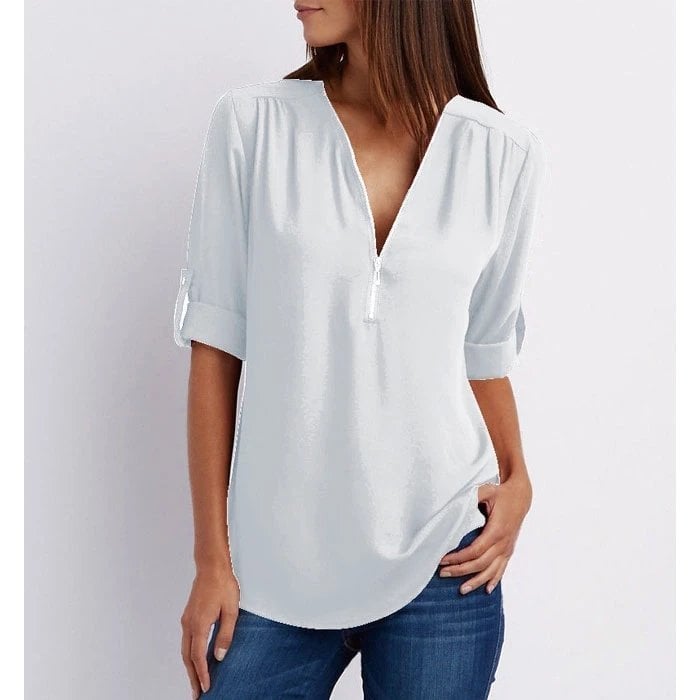 Women’s Blouse – Zip-Neck Flowing Blouse with Roll-Up Sleeves