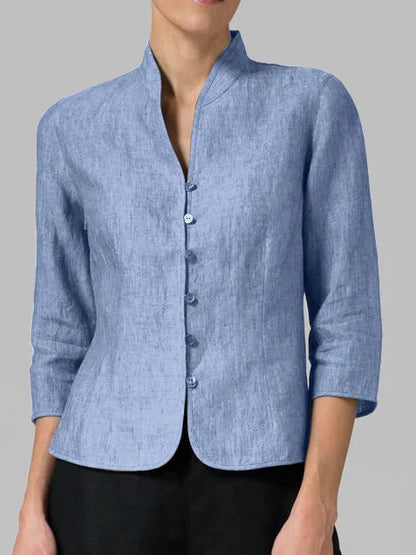 Women’s Stand-Collar Chambray Blouse – Tailored Three-Quarter Sleeve Style for Work and Smart Casual Wear