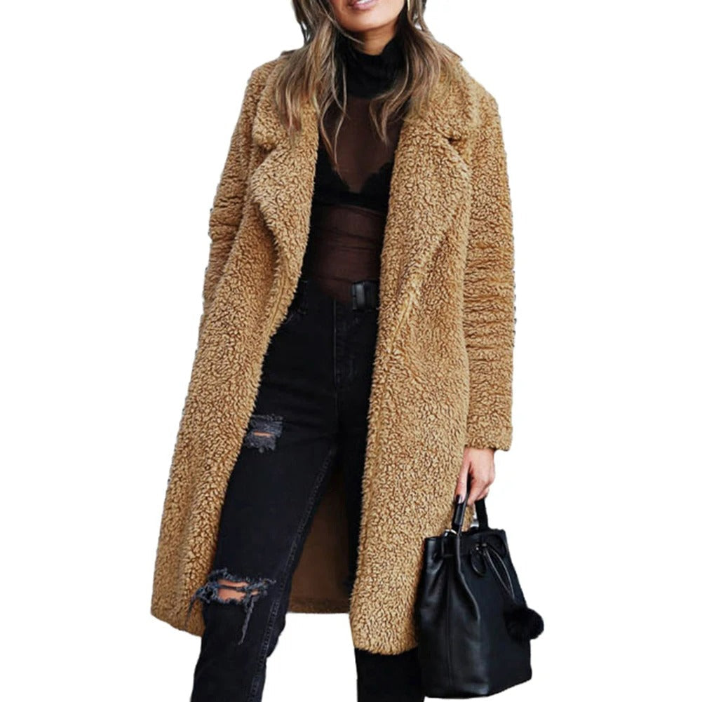 Women’s Plush Teddy Overcoat – Knee-Length Lapel Outerwear for Warm Refined Winter Dressing