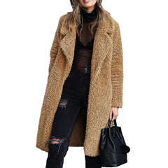 Women’s Plush Teddy Overcoat – Knee-Length Lapel Outerwear for Warm Refined Winter Dressing