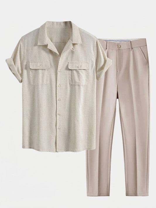 Men’s Relaxed Summer Shirt and Trousers Set – Cuban Collar Smart Casual Outfit