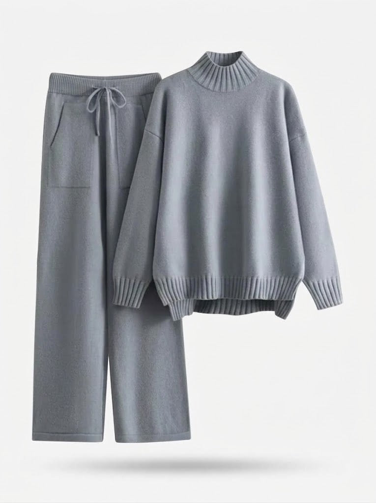 Women’s Mock-Neck Knit Co-Ord Set – Drawstring Wide-Leg Trousers for Autumn and Winter Leisurewear