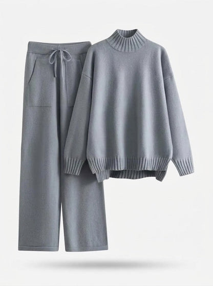 Women’s Mock-Neck Knit Co-Ord Set – Drawstring Wide-Leg Trousers for Autumn and Winter Leisurewear