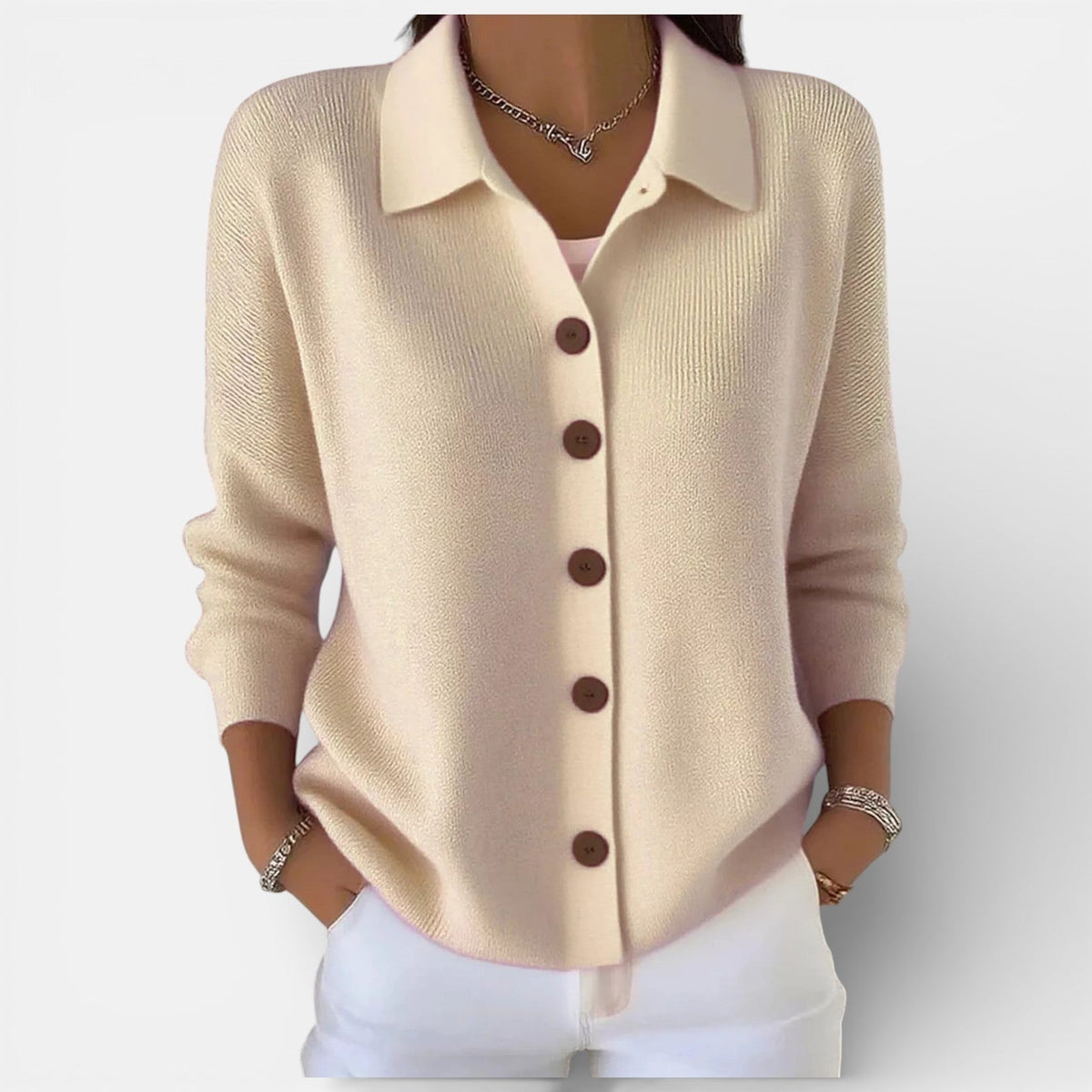 Women’s Knitted Blouse – Polo Collar Top with Full Button Placket