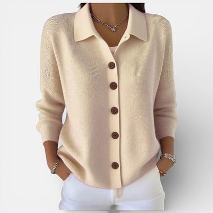 Women’s Knitted Blouse – Polo Collar Top with Full Button Placket