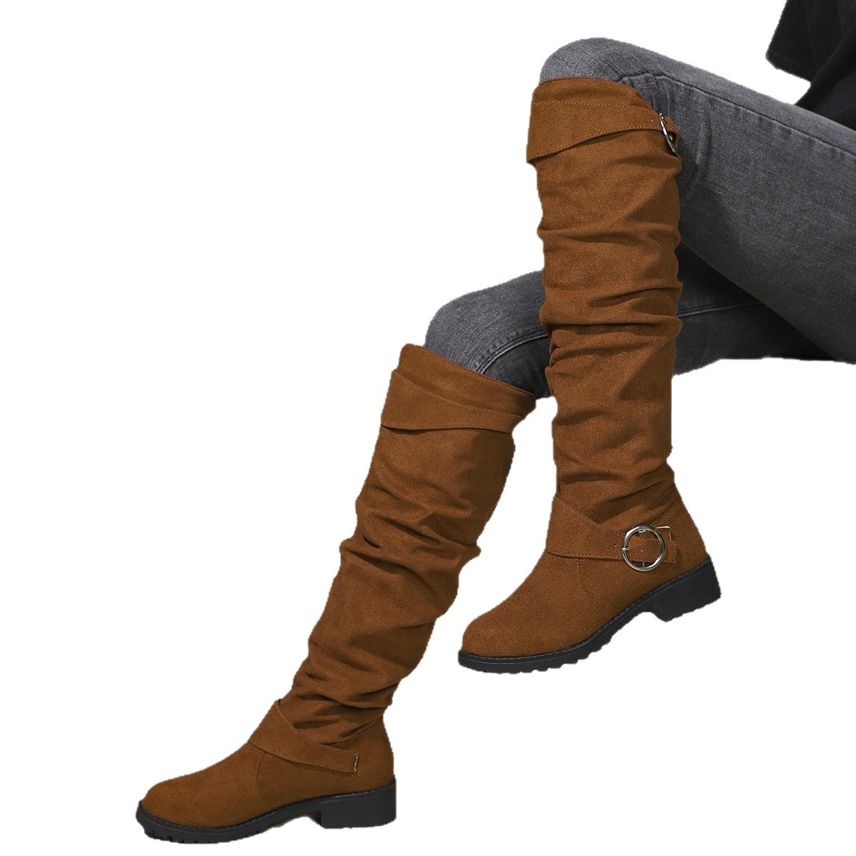 Women's Suede-Look Buckle Knee-High Boots