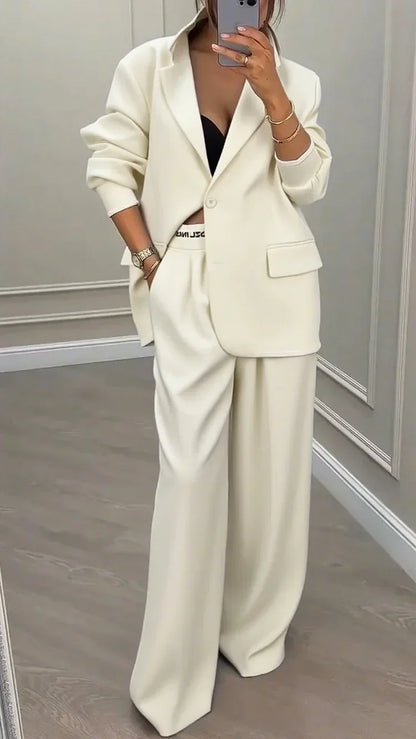 Women’s Oversized Blazer Trouser Set – Relaxed Single-Breasted Jacket with Wide-Leg Tailored Trousers