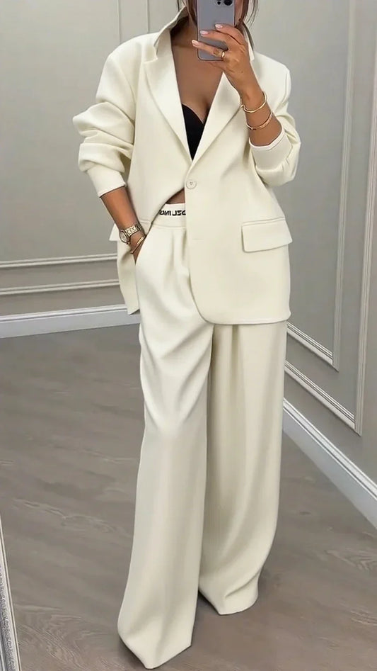 Women’s Oversized Blazer Trouser Set – Relaxed Single-Breasted Jacket with Wide-Leg Tailored Trousers