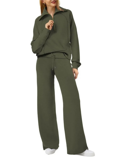Women’s Half-Zip Leisure Co-Ord – Collared Pullover with Drawstring Wide-Leg Trousers for Casual Wear