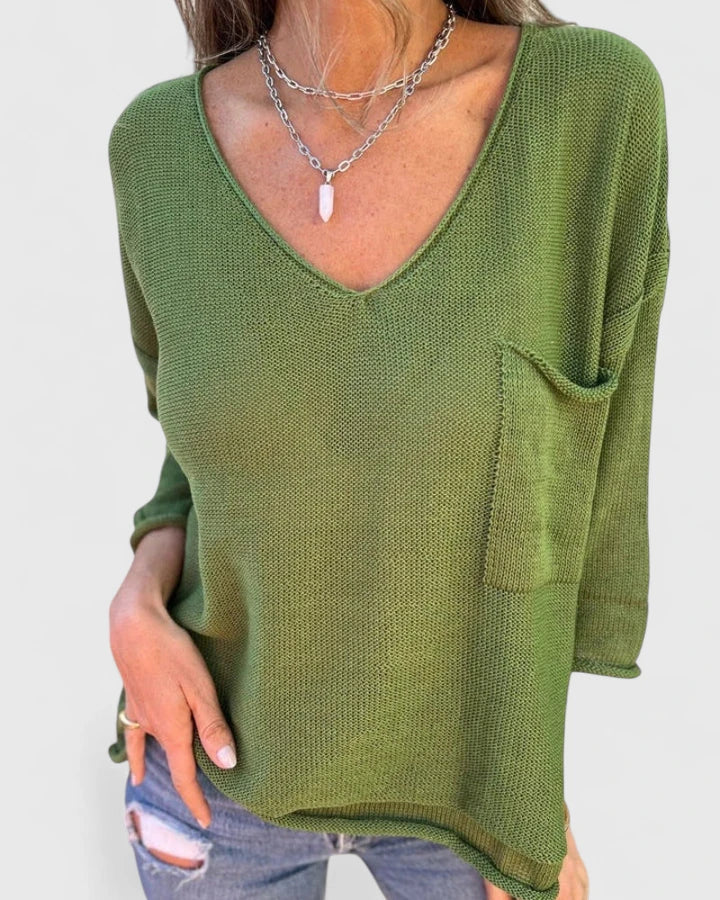Women’s Knitted Jumper – Deep V-Neck Fine-Knit Jumper with Chest Pocket