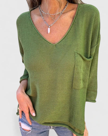 Women’s Knitted Jumper – Deep V-Neck Fine-Knit Jumper with Chest Pocket