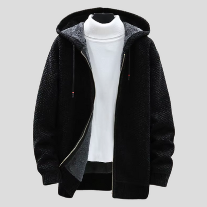 Men’s Hooded Knit Jacket – Waffle-Knit Cardigan with Full-Length Zip