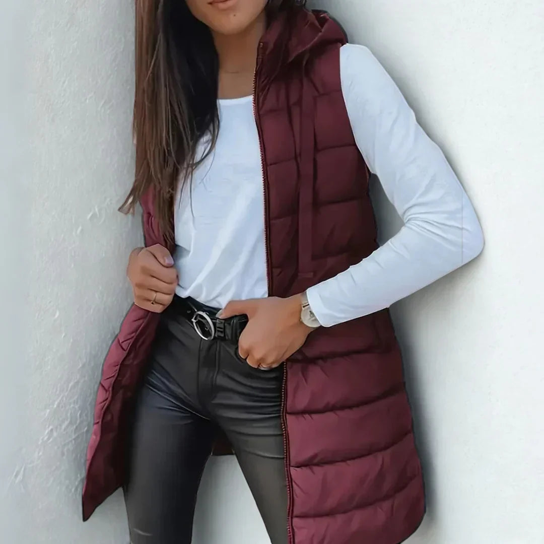Women’s Longline Quilted Gilet – Hooded Body Warmer with Full-Length Zip