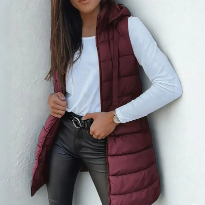 Women’s Longline Quilted Gilet – Hooded Body Warmer with Full-Length Zip